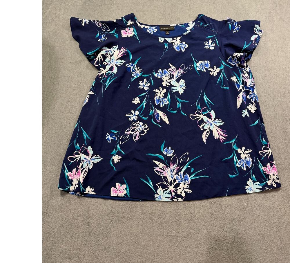 Lane Bryant Blouse Womens Size 20 Navy Blue Floral Flutter Sleeve Scoop Neck Top